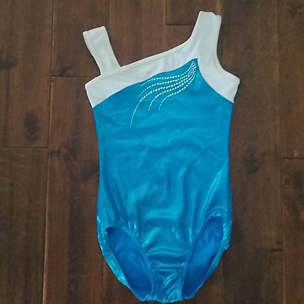 Girls Blue & White Leotard With Silver Stud Design